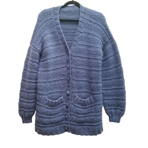 Aran Style Womens Cardigan Sweater Blue Wool Chunky Knit Long Pockets Fits Sz L - Picture 7 of 13